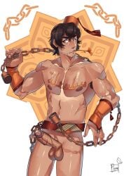 1boy arabic_zodiac boner chain chain_(zodiac) erect_penis erection hard_on male_only muscles muscular muscular_male suzumeyaoi veiny_penis zodiac