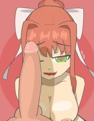 1girls breasts breasts_out doki_doki_literature_club female female_only green_eyes half-closed_eyes heart-shaped_pupils long_hair looking_at_viewer lustful_gaze monika_(doki_doki_literature_club) nude nude_female one_eye_closed open_mouth penis penis_on_face pov simple_background smile valentine's_day vikutto