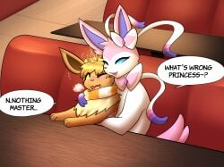 crown eevee eeveelution english_dialogue english_text female feral indoors pokemon pokemon_(species) restaurant ribbons_(anatomy) scarf sylveon table tagme text text_bubble unknown_artist