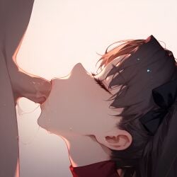 1boy 1girls ai_generated black_hair closed_eyes fate/stay_night fate_(series) fellatio koni_(pixiv_11261350) oral saliva saliva_trail straight sucking_penis tohsaka_rin