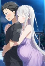 ai_generated aivime big_breasts elf elf_ears elf_female elf_girl emilia_(re:zero) female flower_in_hair flower_ornament hair_ornament half-elf light-skinned_female light_skin long_hair male male/female natsuki natsuki_subaru pointy_ears pregnant pregnant_belly pregnant_female princess purple_eyes re:zero_kara_hajimeru_isekai_seikatsu silver_hair very_long_hair white_hair