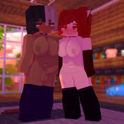 1futa 1girls 3d alyx_(mineporncraft) big_breasts erect_nipples erect_penis female green_eyes horny_female horny_futa human humanoid_penis living_room mine-imator minecraft mineporncraft multicolored_hair outside red_hair solo stockings tagme