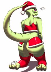 3_toes absurd_res ass christmas claws clothed clothing dickgirl hat hi_res holidays intersex kneeling lizard looking_at_viewer looking_back numinex pink_eyes purple_sclera raised_tail reptile scalie simple_background smile solo toe_claws toes uel white_background