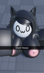 1girls 3d big_breasts black_body black_fur breasts completely_nude female female_focus female_only furman_(nonalterna) furry nude nude_female owo presenting pussy roblox robloxian selfie text uwu_cat_(artist)