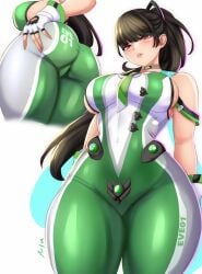 1girl 1girls anisdrawn artist_name ass black_hair blunt_bangs bodysuit breasts brown_eyes brown_hair curvy dat_ass eve_(stellar_blade) female female_only fully_clothed green_bodysuit hand_on_own_ass huge_ass impossible_bodysuit impossible_clothes large_breasts light-skinned_female light_skin long_hair looking_at_viewer multicolored_bodysuit multicolored_clothes official_alternate_hair_length official_alternate_hairstyle parted_lips planet_diving_suit_(7th)_(stellar_blade) ponytail seductive_smile shiny_clothes silver_bodysuit simple_background smile stellar_blade thick_thighs thighs tight_clothes tight_clothing white_background white_bodysuit