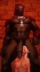 3d 3d_(artwork) ahe_gao big_penis black_fur blonde_female blonde_hair blonde_tail blue_eyes cock_on_face dark-skinned_male dominant_male final_fantasy final_fantasy_xiv hrothgar kymestra licking_penis miqo'te nipple_piercing ruined_makeup submissive_female tattoo tattoos tongue_out worship