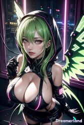 2d_(artwork) ai_generated anime bare_shoulders big_breasts breast_squeeze breasts city city_background cityscape cleavage cleavage_cutout crop_top female female_focus female_only from_above gloves green_hair hair hair_between_eyes hd hd_(traditional) hood hood_up hooded_jacket hoodie huge_breasts large_breasts lips looking_at_viewer miniskirt mole_on_breast neon neon_lights nose pose posing posing_for_picture posing_for_the_viewer realistic seductive seductive_look seductive_pose shiny shiny_breasts shiny_clothes shiny_hair shiny_skin short_hair sideboob sky4maleja suspenders watermark window winged_humanoid wingless_dragon wings yellow_eyes