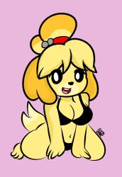 1girls 2022 alternate_version_available animal_crossing black_sclera bra breasts canine cleavage clothing diego_mejia female female_only isabelle_(animal_crossing) navel nintendo open_mouth panties partially_clothed pink_background solo solo_female tail white_eyes yellow_fur yellow_hair