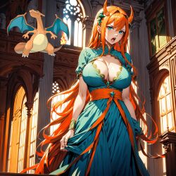 ai ai_generated blue_eyes castle charisa charizard curvy humanization large_breasts long_hair nintendo orange_hair pokemon pokemon_(species) pokewomen standing