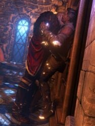 2boys 3d 3d_(artwork) 3d_model armor bara blonde_hair bookshelf cazadoransfw closed_eyes clothed clothing cuddling cullen_rutherford dark-skinned_male dark_hair dark_skin dorian_pavus dragon_age dragon_age_inquisition duo facial_hair gay gay_male kissing kissing_neck light_skin light_skinned_male looking_pleasured mage male male/male male_only moonlight moustache night pinned_to_wall standing standing_position video_games window yaoi