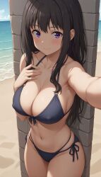 against_wall ai_generated beach bikini black_hair blush cleavage covered_nipples gumi_arts inoue_takina large_breasts long_hair looking_at_viewer lycoris_recoil outdoors purple_eyes sand selfie selfie_pose smile stable_diffusion thick_thighs water