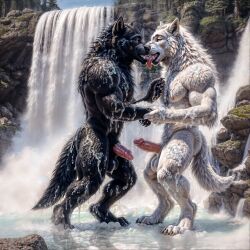 abs anthro anthro_on_anthro anthro_only balls black_fur bubble bubbles canine canine_genitalia canine_penis claws erect_penis erection fangs foam forest furry kissing lake male_focus male_only mammal nipples no_humans paws teeth water waterfall waterfall_shower were werecanid werecanine werewolf white_fur wolf wolf_ears wolfchaser