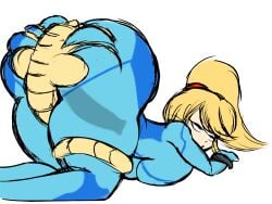 1boy 1girls 1monster 4:3 alien_(franchise) ass big_ass big_breasts blonde_hair blue_bodysuit bodysuit breasts crossover doggy_style eastern_and_western_character facehugger female grabbing_ass horndog_(artist) huge_ass large_ass large_breasts male metroid ponytail samus_aran sex straight white_background zero_suit_samus