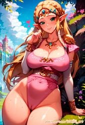 1girls ai_generated blonde_hair cameltoe elf green_eyes hyrule large_breasts mature_female princess_zelda shiny_skin the_legend_of_zelda thick_thighs