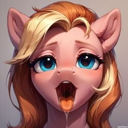 1girls ai_generated blue_eyes blush darkeffect equine friendship_is_magic grey_background horse horse_ears large_eyes my_little_pony oc open_mouth original_character pink_hair pointy_ears pony presenting presenting_mouth saliva saliva_string spit teeth teeth_showing throat two_tone_hair