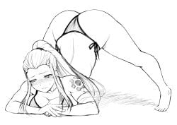 1girls arm_band ass_up avoiding_eye_contact bikini blush breast_press brigitte brigitte_lindholm embarrassed female fit_female honya6 jack-o_pose long_hair overwatch overwatch_2 ponytail shoulder_tattoo side-tie_panties sidelocks solo sweatdrop tattoo