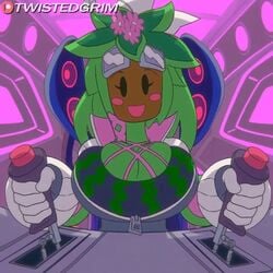 1girls 2d 2d_animation alternate_version_available animated big_breasts blaster_master blaster_master_zero blaster_master_zero_2 bodysuit bouncing_breasts breasts clothed color dark-skinned_female dark_skin female female_only flower gif green_hair green_skin huge_breasts kanna_(blaster_master) mob_face plant_girl plantie smile solo tank text twistedgrim unzipped_bodysuit watermark watermelon_bra watermelon_nets zipper zipper_pull_tab