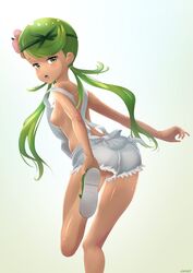 1girls absurdres ass back bangs bare_shoulders breasts dark-skinned_female dark_skin female flower from_behind g@rnet game_freak green_eyes green_hair hair_flower hair_ornament hairband half-closed_eyes highres leg_up long_hair looking_at_viewer looking_back mallow_(pokemon) naked_overalls nintendo nipples open_mouth overalls pokemon pokemon_sm pussy pussy_juice shiny shiny_skin sideboob simple_background small_breasts smile solo standing standing_on_one_leg swept_bangs teeth text tongue twintails uncensored watermark wide_hips