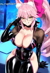 1girls ai_generated alterism big_breasts bodysuit choker curvaceous curvy curvy_figure evil_grin evil_smile fate/grand_order fate_(series) female female_focus female_only fox_ears fox_girl fully_clothed glasses groin hair_between_eyes hair_ribbon hip_vent hourglass_figure huge_breasts indoors koyanskaya_(assassin) koyanskaya_(assassin_first_ascension) koyanskaya_(fate) large_breasts latex latex_bodysuit light-skinned_female light_skin long_hair looking_at_viewer naughty_face office pink_hair ponytail posing see-through shiny_clothes shiny_skin sitting solo tamamo_no_mae_(fate) thick_thighs tight_clothing wide_hips yellow_eyes