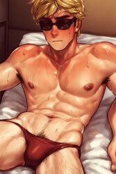 1boy ai_generated bara bulge dave_strider gay homestuck ilovementits male male_only muscular_male pubic_hair_peek speedo speedo_only sunglasses sweat yaoi