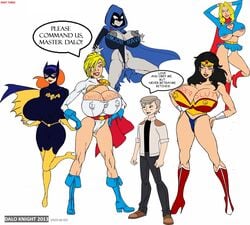 1boy 4girls barbara_gordon batgirl batman:_the_animated_series batman_(series) black_hair blonde_hair body_writing boots cape clothing comic_sans corruption daloknight dc dc_comics dcau degradation dialogue_bubble diana_prince grey_hair grey_skin harem high_heel_boots high_heels kara_zor-el kara_zor-l karen_starr large_areolae large_breasts large_nipples mind_control multiple_girls multiple_subs panties power_girl rachel_roth raven_(dc) self_insert skirt slave supergirl superheroine superman_(series) teen_titans text wonder_woman wonder_woman_(series)