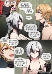 1boy 1girls aether_(genshin_impact) arlecchino_(genshin_impact) artist_name bikini color dialogue drawing english_text femdom genshin_impact horny_female korean_text long_hair mackgee mihoyo pleasure_face sex speech_bubble straight taller_girl text