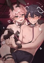 blush bunny_ears bunnysuit choker crying crying_with_eyes_open femboy femboy_on_male femboydom gay_domination gay_sex girly heart-shaped_pupils josou_seme leash male/male male_only ming_(5unri5e666) pink_hair questionable_consent rape small_dom_big_sub tagme tear tears trap