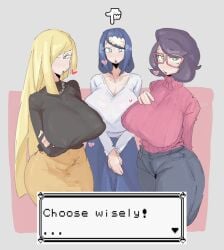 3girls alternate_breast_size arms_behind_back arms_under_breasts ass big_ass big_breasts blue_eyes blue_hair breasts cleavage crossed_arms green_eyes huge_breasts jeans jewelry lana's_mother_(pokemon) leebo_(leeboxxx) leebongchun looking_at_viewer lusamine_(pokemon) mature mature_body mature_figure mature_woman milf milfs necklace pokemon purple_hair sweater thick thick_ass thick_thighs thighs voluptuous voluptuous_female wicke_(pokemon) wide_hips yellow_hair