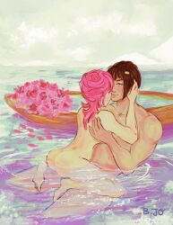 1boy 1girls 2d age_difference ass bath bathing bathing_together bigger_male bruno_buccellati completely_nude couple face-to-face female_on_top flowers height_difference jojo's_bizarre_adventure looking_at_another looking_at_partner nude older_male older_man_and_teenage_girl partially_submerged pink_hair sitting_on_lap size_difference smaller_female smile smiling_at_partner trish_una vento_aureo younger_female