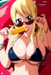 ai_generated big_breasts bikini blonde_hair brown_eyes fairy_tail female float ice_cream juanpi_amvs long_hair looking_at_viewer lucy_heartfilia patreon patreon_username sunglasses sunglasses_removed watermark yellow_hair