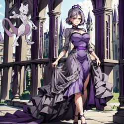 ai ai_generated castle curvy dress gray_hair headdress humanization mewtwo mewty nintendo pokemon pokemon_(species) pokewomen purple_eyes short_hair standing wide_hips