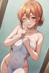 1girls ai_generated ailya86 bathroom caught milf my_teen_romantic_comedy_snafu one_eye_closed orange_hair shocked_expression shower towel towel_only yuigahama_yui's_mother