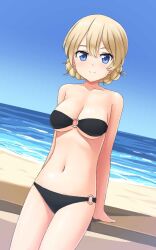 1girls aposine arms_behind_back beach belly_button bikini bikini_only black_bikini blonde_hair blue_eyes blue_sky braided_hair cleavage collarbone darjeeling day eyebrows_visible_through_hair female_focus female_only flat_belly front_view girls_und_panzer hands_behind_back leaning light-skinned_female looking_at_viewer lowres medium_breasts ocean sand sky smile smiling smiling_at_viewer solo solo_female standing summer swimsuit