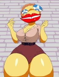 around_drum breasts cleavage clothed clothing freckles freckles_on_breasts freckles_on_face large_lips lipstick pizza pizza_granny pizza_tower shorts thick_thighs