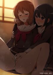 2girls black_hair blurry blurry_background blush brown_hair brown_shirt brown_skirt censored closed_eyes clothing_aside fingering fingering_partner grabbing grabbing_another's_breast hibike!_euphonium indoors kitauji_high_school_uniform kohei_moriya kousaka_reina long_hair mosaic_censoring multiple_girls neckerchief open_mouth oumae_kumiko panties panties_aside pixiv_username pleated_skirt purple_eyes pussy pussy_juice red_neckerchief sailor_collar school_uniform shirt short_hair skirt spread_legs steaming_body sweat underwear white_panties white_sailor_collar winter_uniform yuri