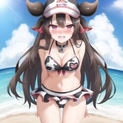 ai_generated ass big bikini blush bovine breasts brown_hair choker clothes clothing cow_print daisy1girls female hair human leather moaning only out pokemon princess rosa_(pokemon) shiny solo tight tongue