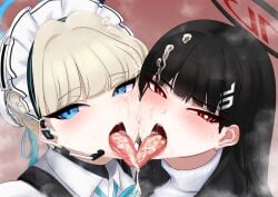 2girls absurdres aqua_bow black_hair black_halo blonde_hair blue_archive blue_bow blue_bowtie blue_hair blue_halo bow bowtie bright_pupils bun_cover cleaning_&_clearing_(blue_archive) cum cum_in_mouth cum_on_hair cum_on_tongue earpiece facial french_kiss hair_bun hair_ornament hairpin halo highres kamaboko337_(mocchi3_1125/omochi2537) kissing light-skinned_female light_skin long_hair looking_at_viewer maid_headdress millennium_science_school_student multiple_girls open_mouth red_eyes rio_(blue_archive) saliva saliva_trail seminar_(blue_archive) sweater toki_(blue_archive) tongue tongue_out turtleneck turtleneck_sweater white_pupils white_sweater