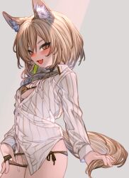 animal_ear_fluff animal_ears arknights beanstalk_(arknights) blush bra breasts brown_bra brown_eyes brown_hair brown_panties censored commentary_request female green_ribbons hair_between_eyes highres hyena_ears hyena_girl hyena_tail kochiya_(gothope) long_hair long_sleeves looking_at_viewer mosaic_censoring open_clothes open_mouth open_shirt panties pulled_by_self pussy ribbon shirt side-tie_panties simple_background small_breasts solo underwear white_shirt