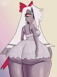 1girls ass big_ass bottom_heavy breasts bubble_butt clothing fat_ass female female_only grey_skin hair_over_one_eye hazbin_hotel huge_ass large_ass looking_at_viewer looking_back small_breasts solo thick_ass thick_thighs tool01k vaggie_(hazbin_hotel) wide_hips