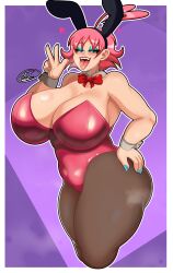 2024 a_jnsfw big_ass big_breasts breasts breasts bunnysuit fat_ass fat_legs green_eyes jenny_(a_jnsfw) lips lipstick oc original_character pink_hair playboy_bunny rabbit_ears