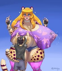 anthro betsibi big_breasts big_lips big_nipples blonde_hair breast_sucking breastfeeding cheetah clothed furry lactating lactation lactation_through_clothes larger_female lipstick makeup male necklace plankboy scp_foundation sergio_(plankboy)