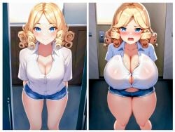 1girls absurd_res ai_generated alternate_body_type alternate_breast_size before_and_after big_nipples blonde_hair blue_eyes blush breast_expansion bursting_breasts busty busty_female button_down_shirt cleavage curly_hair curvy curvy_female cute_face embarrassed enlarged_breasts female female_only full-face_blush full_breasts huge_breasts midriff missy nipple_bulge nipples novelai original_character petite petite_female short_female shorts shortstack small_breasts small_but_busty solo solo_female stable_diffusion thick_thighs tight_clothing transformation