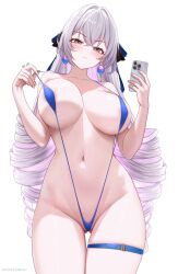 abp_art artist_name bikini blue_bikini bronya_rand cleft_of_venus closed_mouth cowboy_shot curvy furrowed_brow honkai:_star_rail huge_breasts micro_bikini patreon_username sling_bikini taking_selfie thick_thighs thigh_strap v-shaped_eyebrows voluptuous voluptuous_female white_background wide_hips