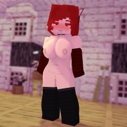 1girls 3d alyx_(mineporncraft) big_breasts erect_nipples female green_eyes horny_female human mine-imator minecraft mineporncraft no_panties nude_female outside red_hair solo stockings tagme wet_pussy