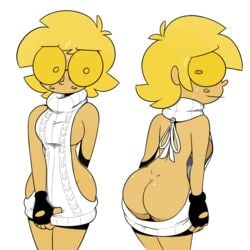 ass back_view blonde_hair blush breasts exposed_ass female female_only glasses gloves highres looking_back miscon nervous original_character owlgirl_(miscon) sideboob sweat sweater sweater_pull tan_skin virgin_killer_sweater yellow_hair