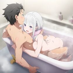 ai_generated aivime bathtub big_breasts elf elf_ears elf_female elf_girl emilia_(re:zero) female flower_in_hair flower_ornament hair_ornament half-elf light-skinned_female light_skin long_hair male male/female natsuki natsuki_subaru pointy_ears princess purple_eyes re:zero_kara_hajimeru_isekai_seikatsu silver_hair very_long_hair white_hair