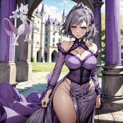 ai ai_generated castle curvy dress gray_hair headdress humanization mewtwo mewty nintendo pokemon pokemon_(species) pokewomen purple_eyes short_hair standing wide_hips