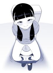 blunt_bangs blush eyelashes female from_above greyscale hair_over_shoulder highres looking_at_viewer monochrome original panties panty_pull peeing shirt shoes short_sleeves simple_background sitting smile solo spread_legs stained_panties tocky toilet toilet_use underwear urine