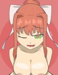 1girls breasts breasts_out doki_doki_literature_club female female_only green_eyes heart-shaped_pupils long_hair looking_at_viewer lustful_gaze monika_(doki_doki_literature_club) nude nude_female one_eye_closed simple_background smile valentine's_day vikutto