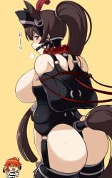 2girls alternate_costume animal_ears armbinder arms_behind_back ass bare_shoulders bead_necklace beads bit_gag black_legwear blush bondage bondage bondage_outfit bound bound_arms breasts breasts_out bridle brown_hair commentary_request earrings fake_animal_ears fake_tail fate/grand_order fate_(series) from_behind fujimaru_ritsuka_(female) gag gagged harness holding_riding_crop hoop_earrings horse_ears horse_tail jewelry large_breasts long_hair looking_at_viewer looking_back multiple_girls necklace orange_eyes orange_hair parody pony_play ponytail purple_eyes rebake rebake-1453 reins riding_crop riyo_(lyomsnpmp)_(style) simple_background solo_focus style_parody tail thong xuangzang_sanzang_(fate) yellow_background